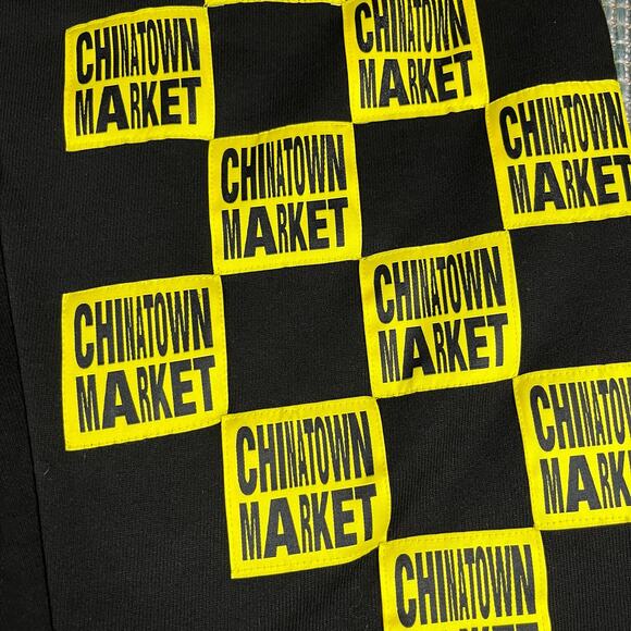 Chinatown Market Black Sweatpants Checkered Patch Mens Sz L New - Picture 2 of 5
